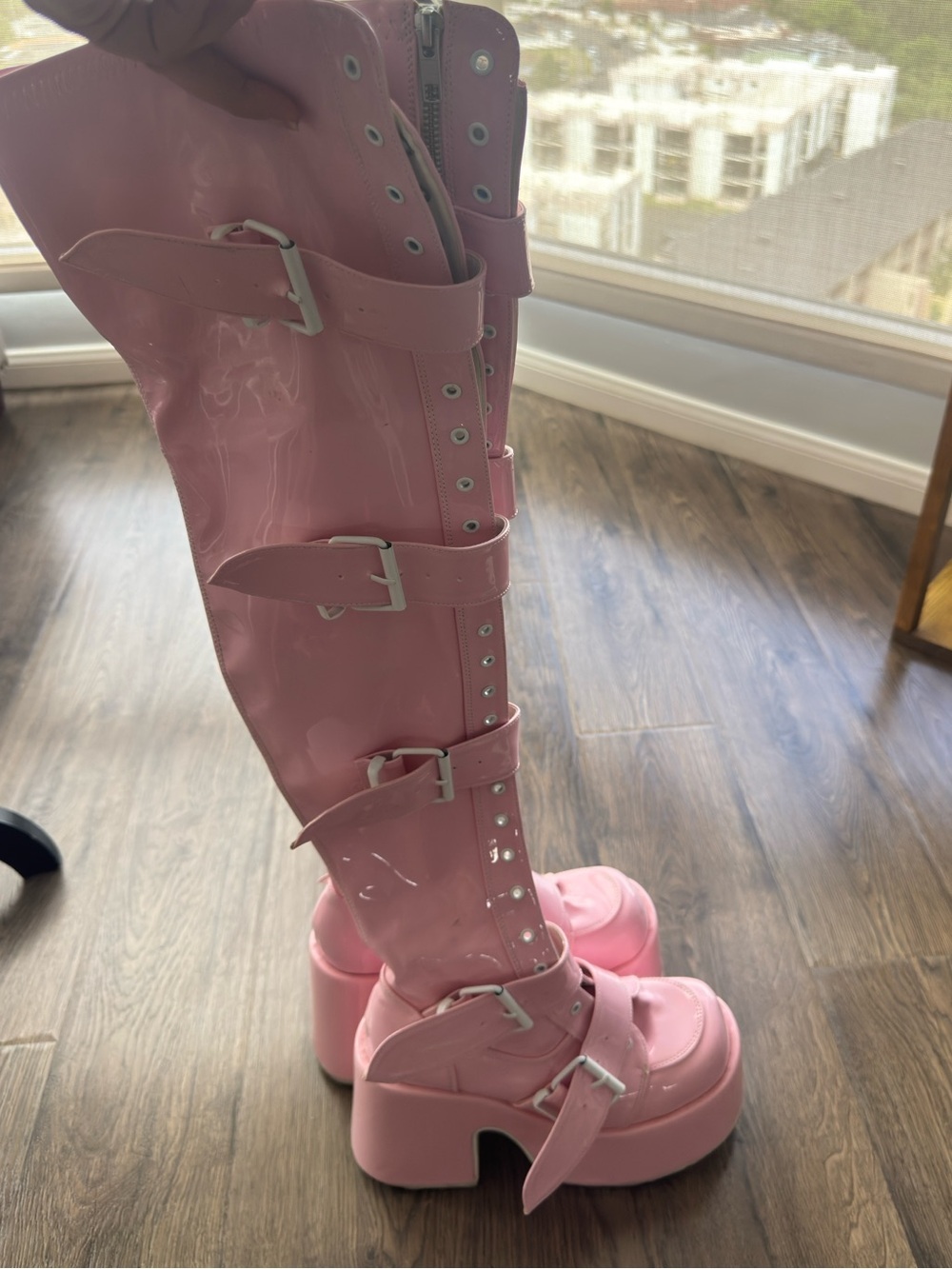 DEMONIA Platform Knee-High Buckle Boots - Pink - Picture 4 of 11